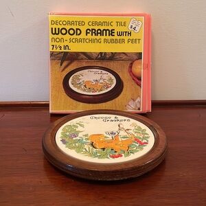 IOB Vintage 60s Cheese Board Decorated Ceramic Tile / Wood Frame w/ Rubber Feet